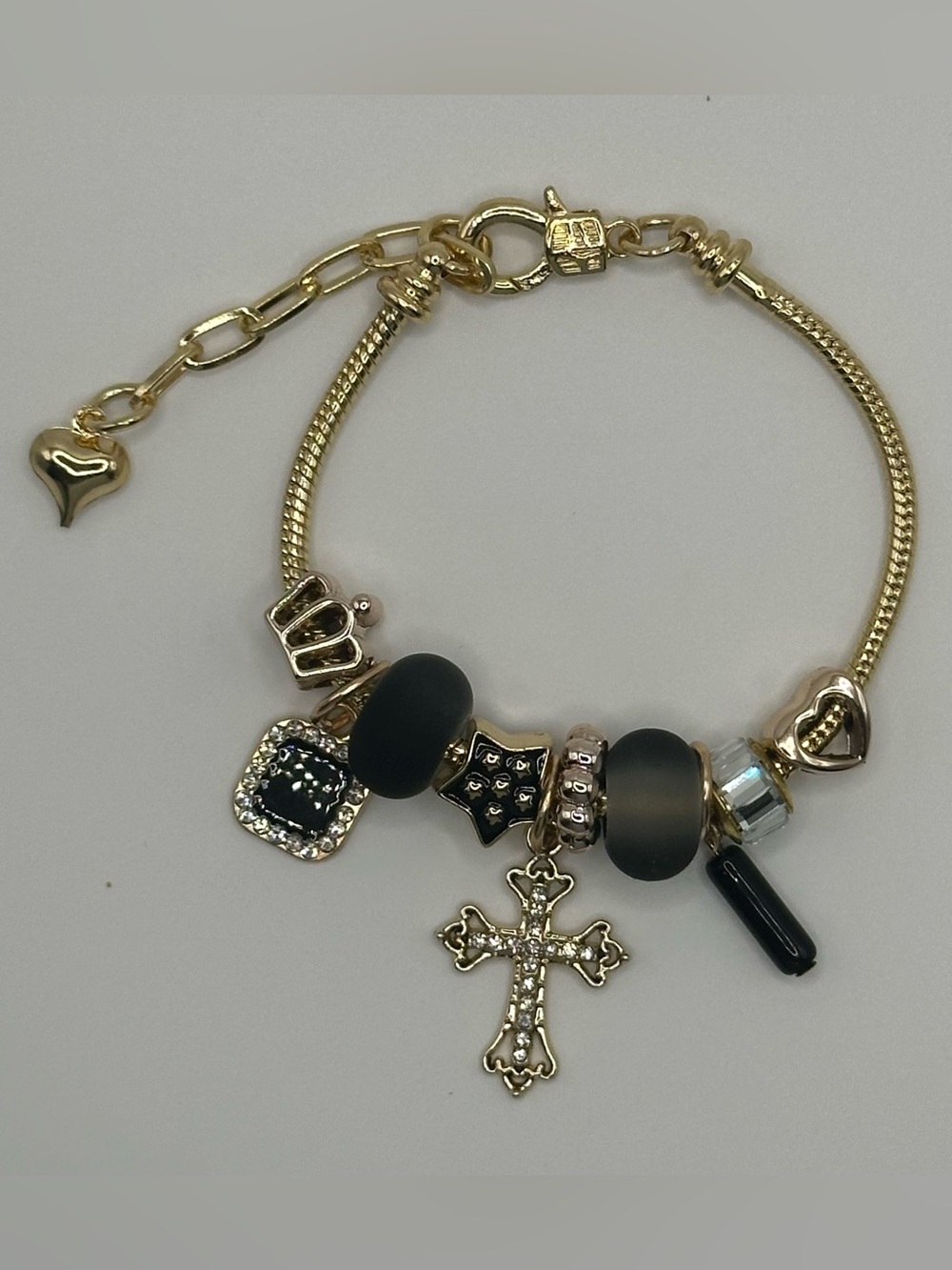 Gold-Tone Black Bead Cross Charm Bracelet - Women Jewelry